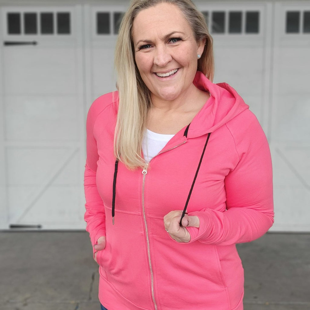 Coralee Womens Full zip long sleeve Hoodie Pink with black accent string - Shop7degrees
