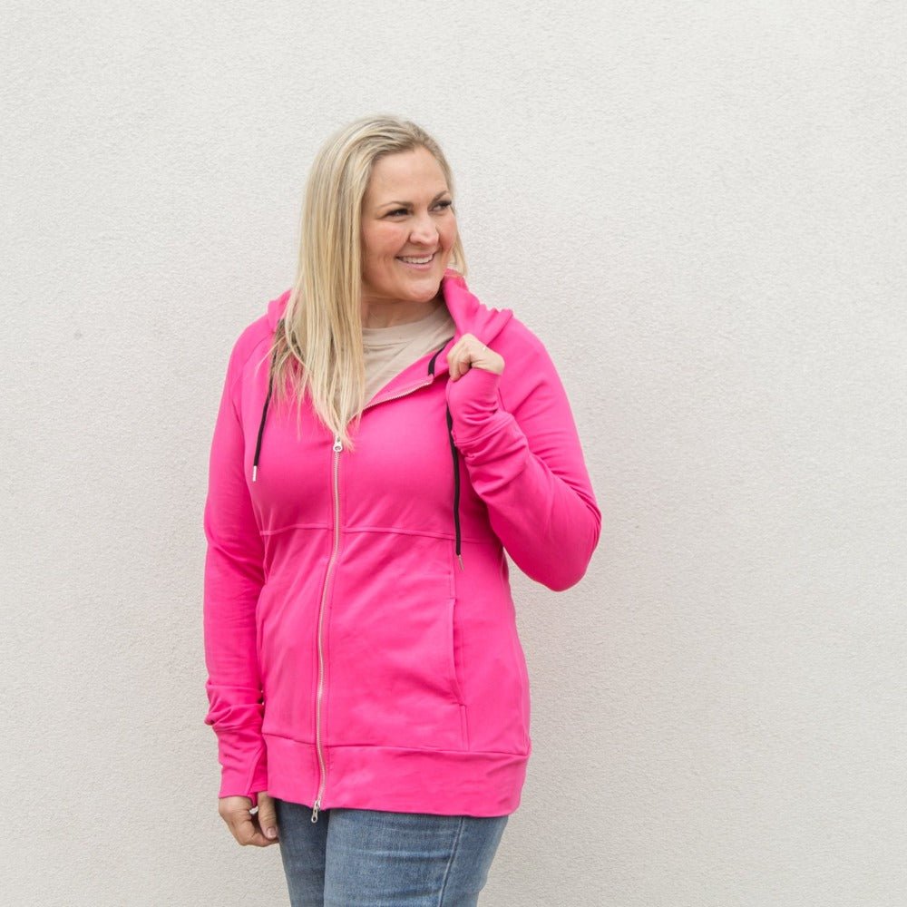 Fuchsia Full Zip womens hoodie, Pink medium weight hoodie, longer body, longer sleeves - Shop7degrees