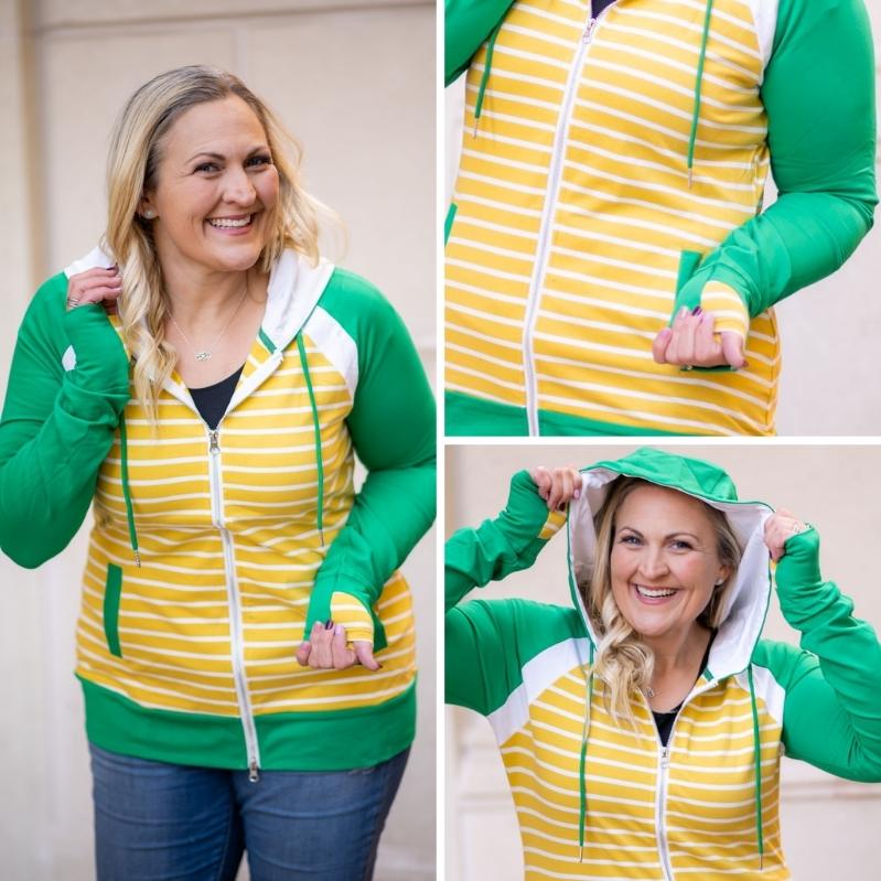 Gallery detail view Green Stadium Womens long sleeve Hoodie yellow and white stripes, extra large hood, long sleeve with accent thumbholes- 7degrees