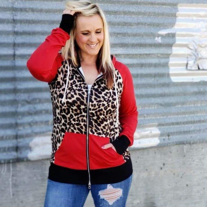 Leopard Love womens Full Zip hoodie, leopard print and red long sleeves with thumbholes and black accents- 7degrees