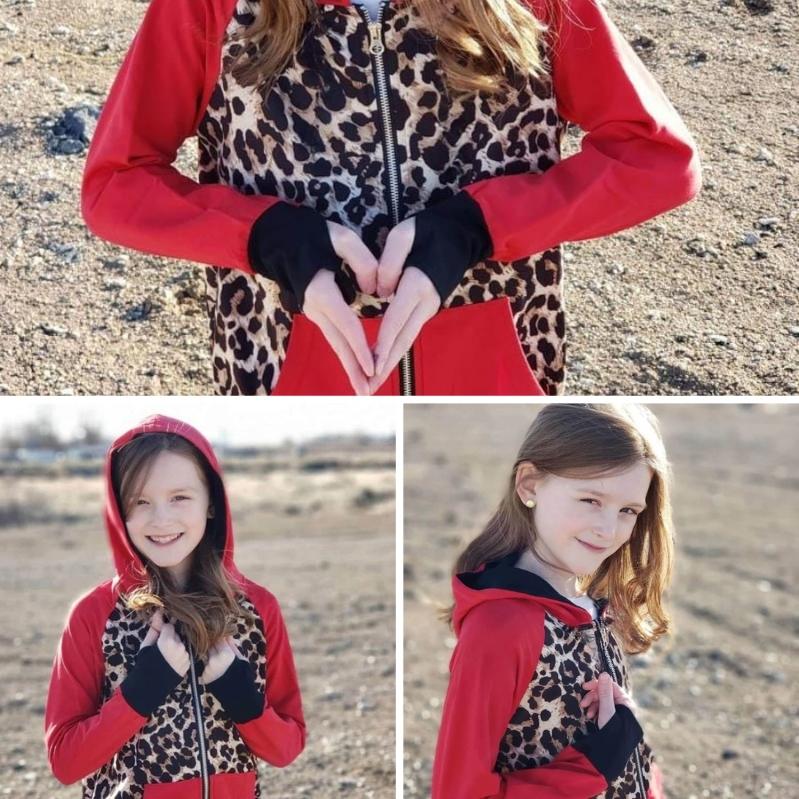 Gallery detail view Leopard Love Kids full zip hoodie with thumbholes leopard print kids clothing, red long sleeves with black accents