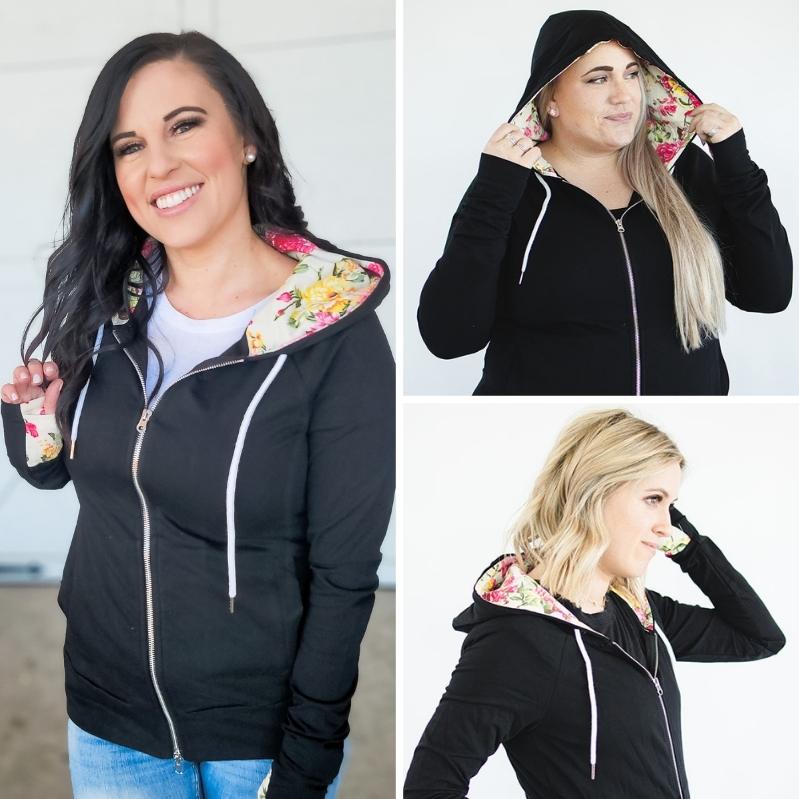 Gallery detail view Lexi Black Floral Full zip womens hoodie, casual womens fashion, double zipper, black full zip hoodie with floral accent and comfortable thumbholes, terry knit medium weight womens hoodie- Shop7degrees
