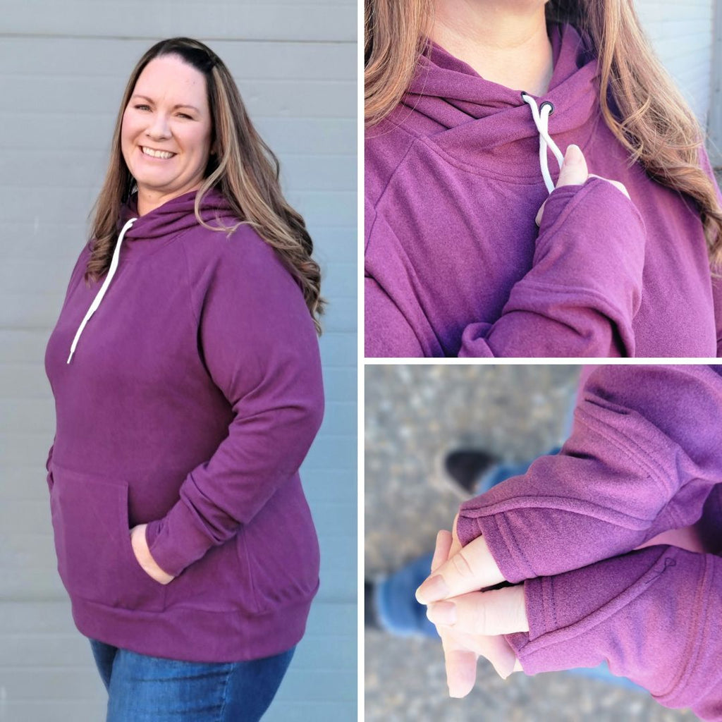 Gallery view - Lux Fleece Berry Pullover Woman Hoodie, longer body, longer sleeves, comfortable thumbholes, crossneck design, deep hood, kangaroo pocket, plus size womens pullover, size inclusive - Shop7degrees
