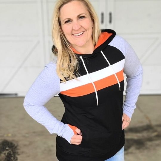 Ridgevue Womens Pullover, black womens hoodie with burnt orange and white accents with grey long sleeves, comfort womens clothing - Shop7degrees