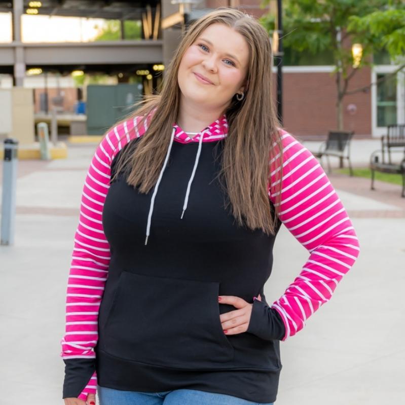 Roxy Womens Pullover, black body with pink and white stripe long sleeve with thumbholes, shown in XL - Shop7degrees