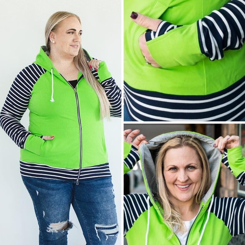 Gallery detail view Seattle Love Womens Full Zip Hoodie, bright green womens hoodie with navy blue and white stripe accents, double zipper, longer body, longer sleeves with comfortable thumbholes, womens casual fashion hoodie - 7degrees