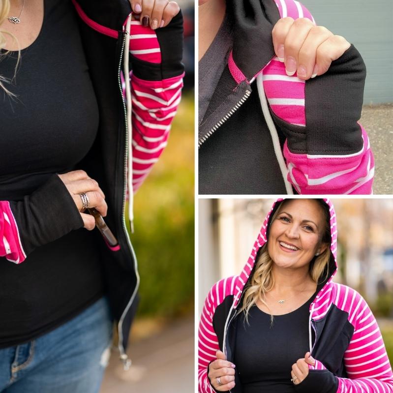 Gallery detail view Trixie Womens Full Zip Hoodie, black body with pink and white stripe sleeves and accents, double zipper, inside pocket, extra large hood, long sleeve womens hoodie, womens clothing, - Shop7degrees
