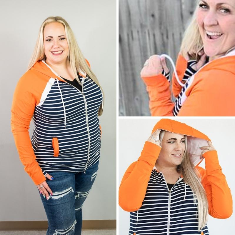 Gallery detail view True Blue Full Zip Hoodie, dark blue and white striped body with orange sleeve and accents, womens full zip hoodie, double zipper, womens plus size clothing - Shop7degrees