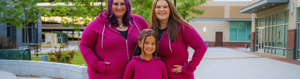 showing 7degress woman's and kid hoodies in 3 different sizes