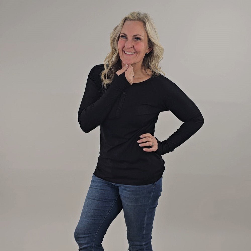 Ribbed Long Sleeve Womens Henley Black, Black Henley womens top, long sleeve womens shirt with thumbhole - shown in M Shop7degrees