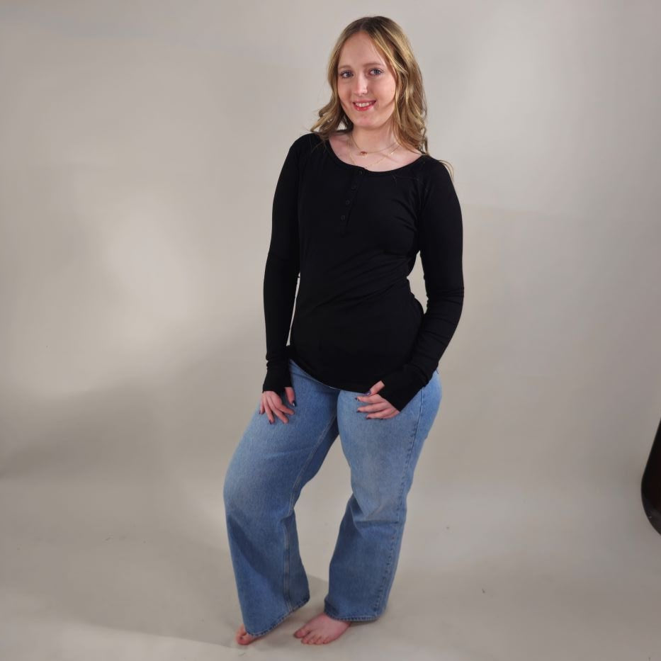 Ribbed Long Sleeve Womens Henley Black, Black Henley womens top, long sleeve womens shirt with thumbhole - Shown in S Shop7degrees