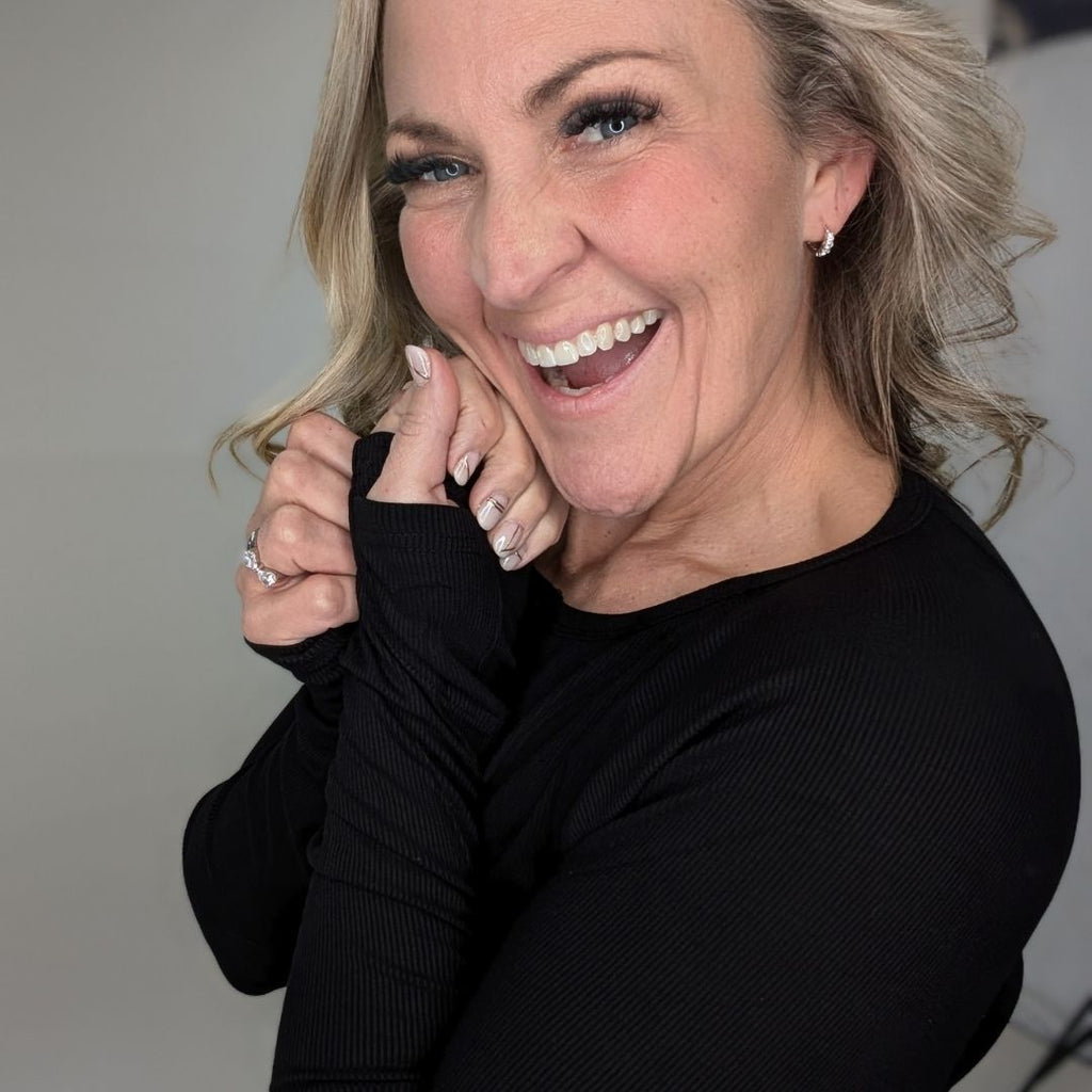 Ribbed Long Sleeve Womens Henley Black, Black Henley womens top, long sleeve womens shirt with thumbhole - thumbhole sleeve detail shown Shop7degrees