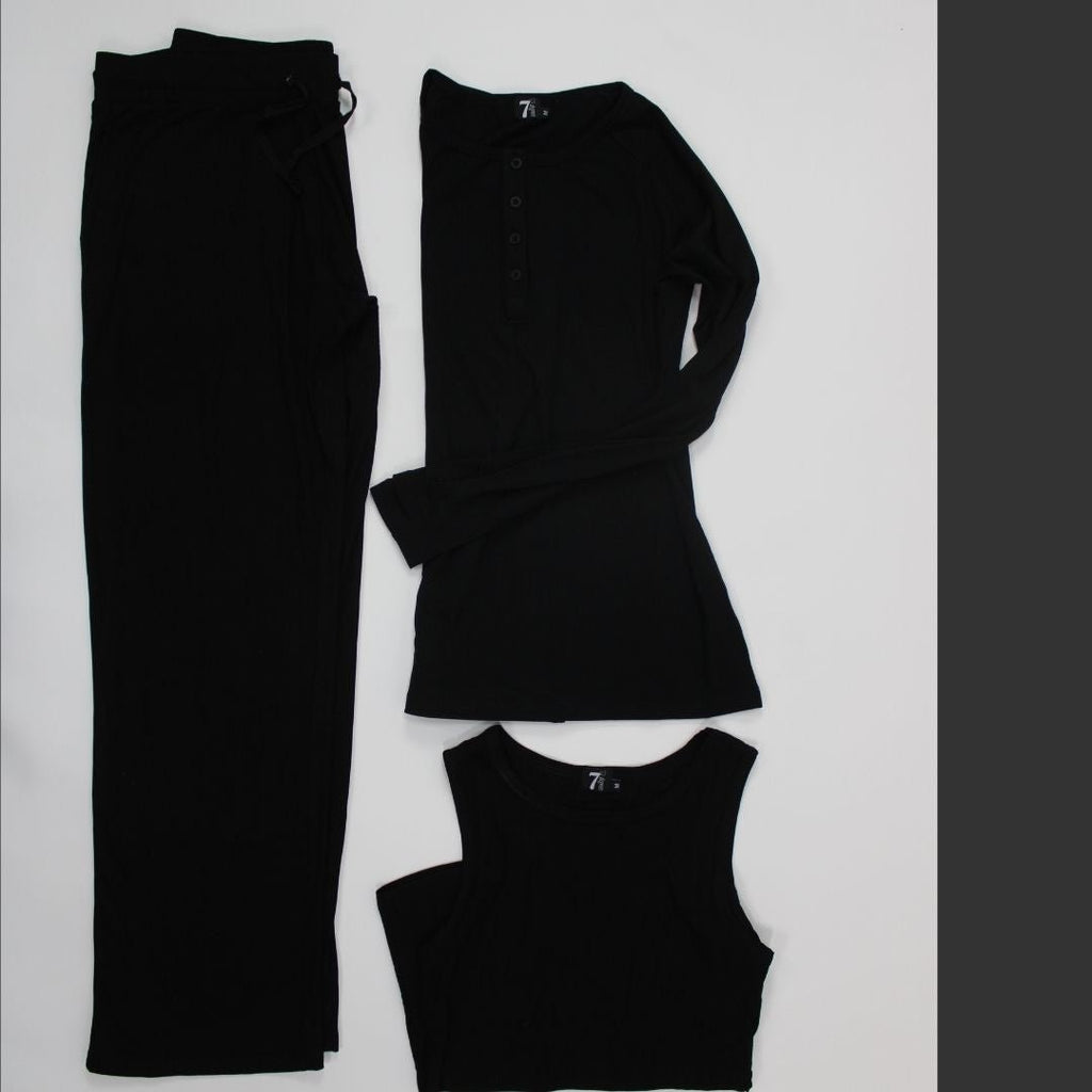black ribbed wide-leg pants with a relaxed fit and draw string. black ribbed long sleeve henley shirt. black ribbed tank top. 