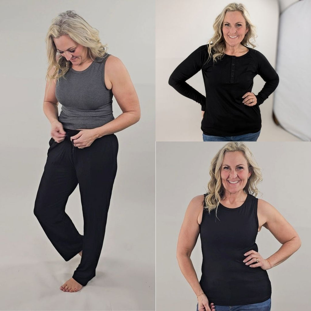 A woman wearing black ribbed wide-leg pants with a relaxed fit and draw string. shown in size medium. gallery view includes images of woman wearing black ribbed long sleeve henley shirt and black ribbed tank top. 