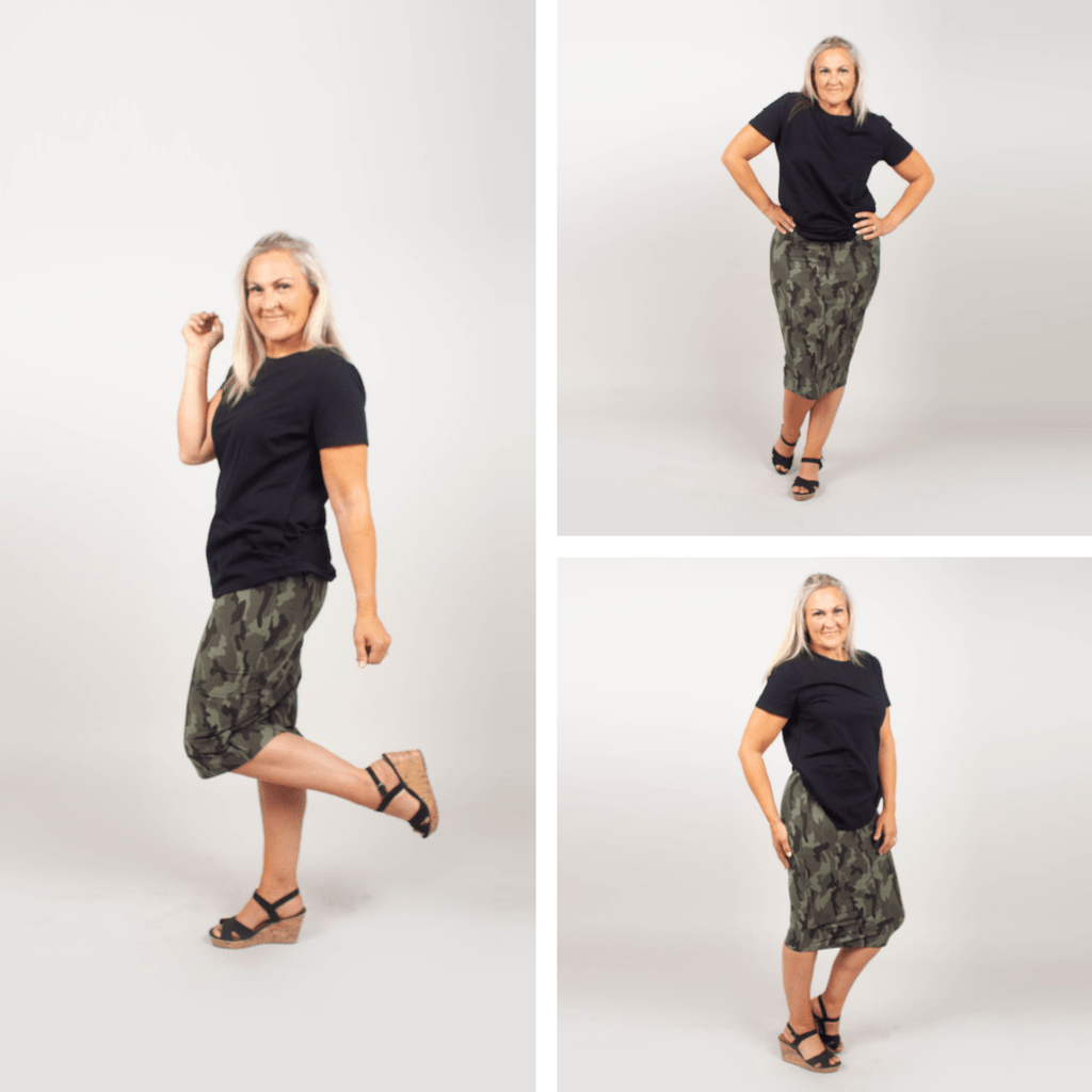 Gallery view of woman wearing black Studio Crew shirt and camouflage pencil skirt - skirt shown in size Large