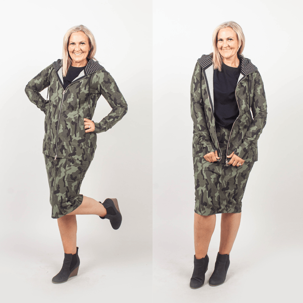 Camo Vibe Full Zip - Women's fashion hoodie camouflage pattern body and sleeves with black and white pin stripes in the thumbholes and hood. Features double zipper for curvier fit, feminine tailored and hood shown in M women