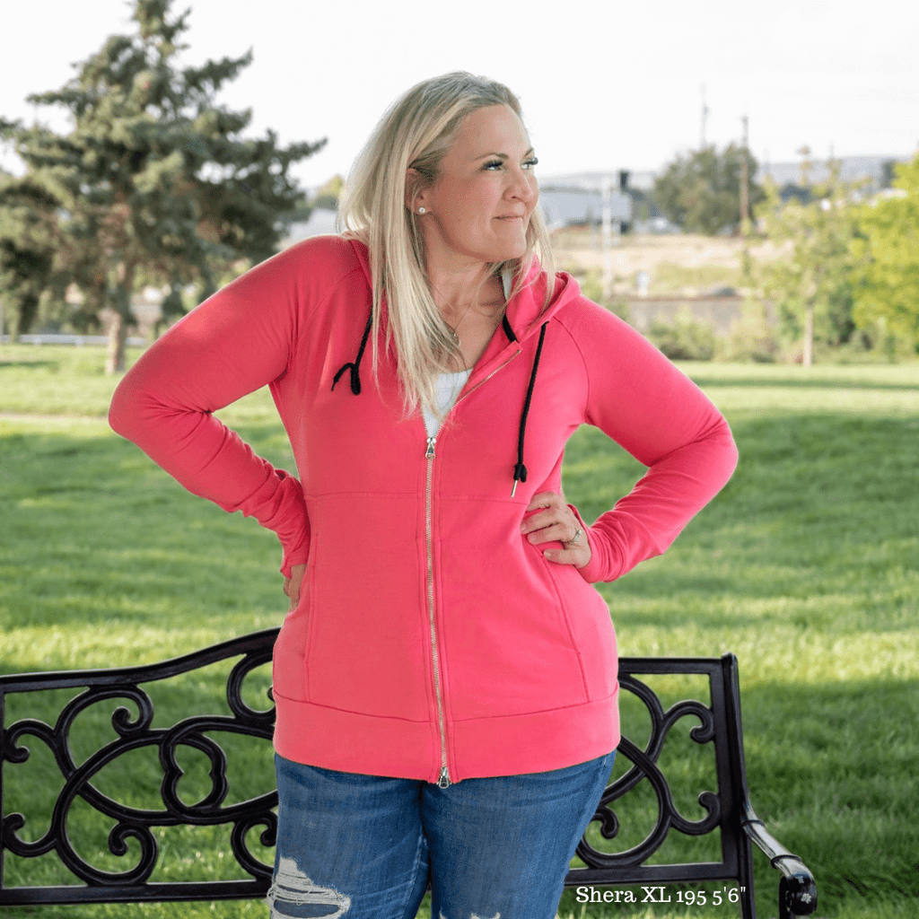 Women's Long sleeve Full zip Hoodie Pink with black accent string details, double zipper, extra large hood, inside pocket - shown in size XL