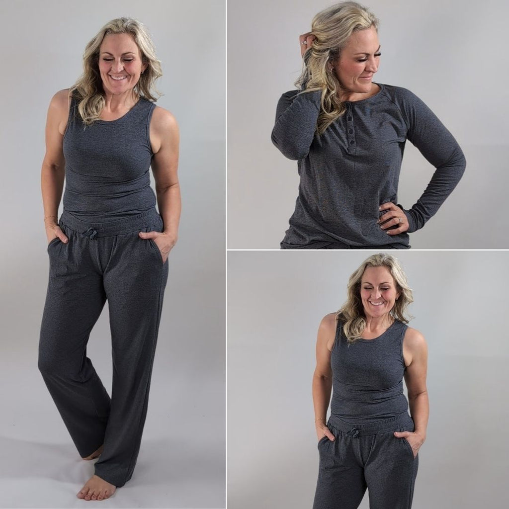 Gallery view of a woman wearing dark grey ribbed wide leg pants in size medium. (left and bottom right) Paired with dark grey ribbed tank in size medium. (top right) Paired with dark grey long sleeve, semi-fitted, henley top with thumbholes in size medium