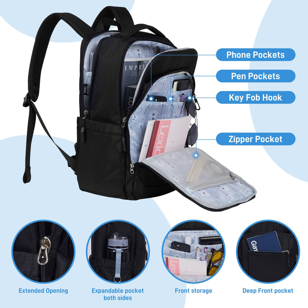 Go-Be Backpack Black with Floral Interior - Deep front accessory pocket with multiple compartments for easy organization. Featured compartments: phone pockets, pen pockets, key fob hook, zipper mesh pocket, separate laptop padded pocket, extended opening, expanded pockets on both sides, front storage pocket for easy access.