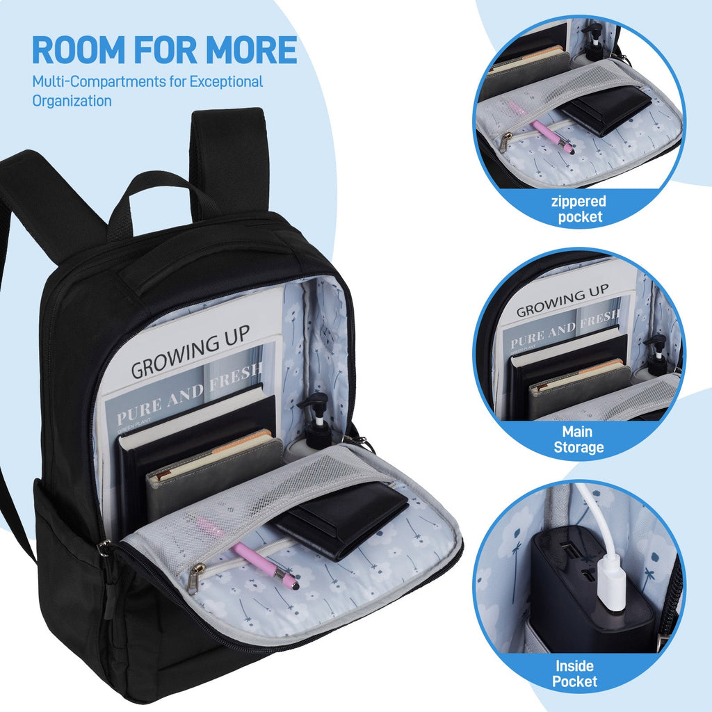 Go-Be Backpack Black with Floral Interior - Durable everyday backpack with multiple compartments for organization. Mesh pocket in front interior, ample storage in center, inside expandable pockets.