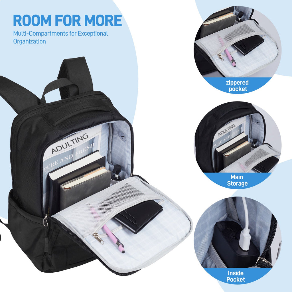 Go-Be Black Backpack Durable everyday backpack with multiple compartments for organization. Mesh pocket in front interior, ample storage in center, inside expandable pockets.