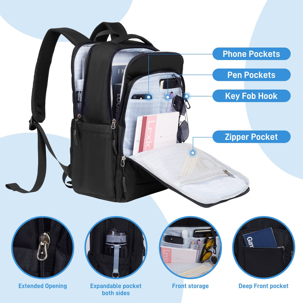 Go-Be Backpack Black with Grey Interior - Deep front accessory pocket with multiple compartments for easy organization. Featured compartments: phone pockets, pen pockets, key fob hook, zipper mesh pocket, separate laptop padded pocket, extended opening, expanded pockets on both sides, front storage pocket for easy access.