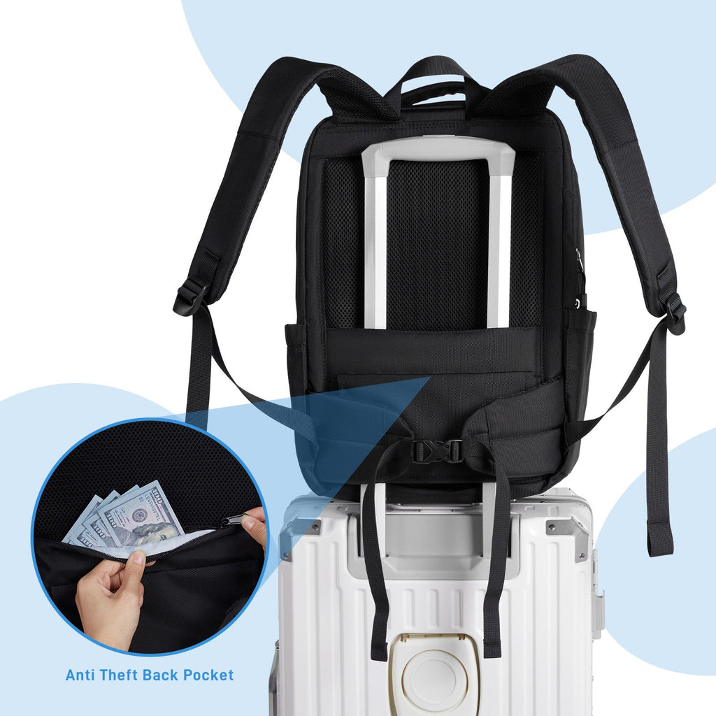 Go-Be Black Backpack - Ergonomic backpack with wide shoulder straps for extra comfort. Versatile backpack with hidden zipper pocket for travel, school, or work. Hidden travel caddie sleeve slides over suitcase handles for convenience. Roll both backpack and luggage together.