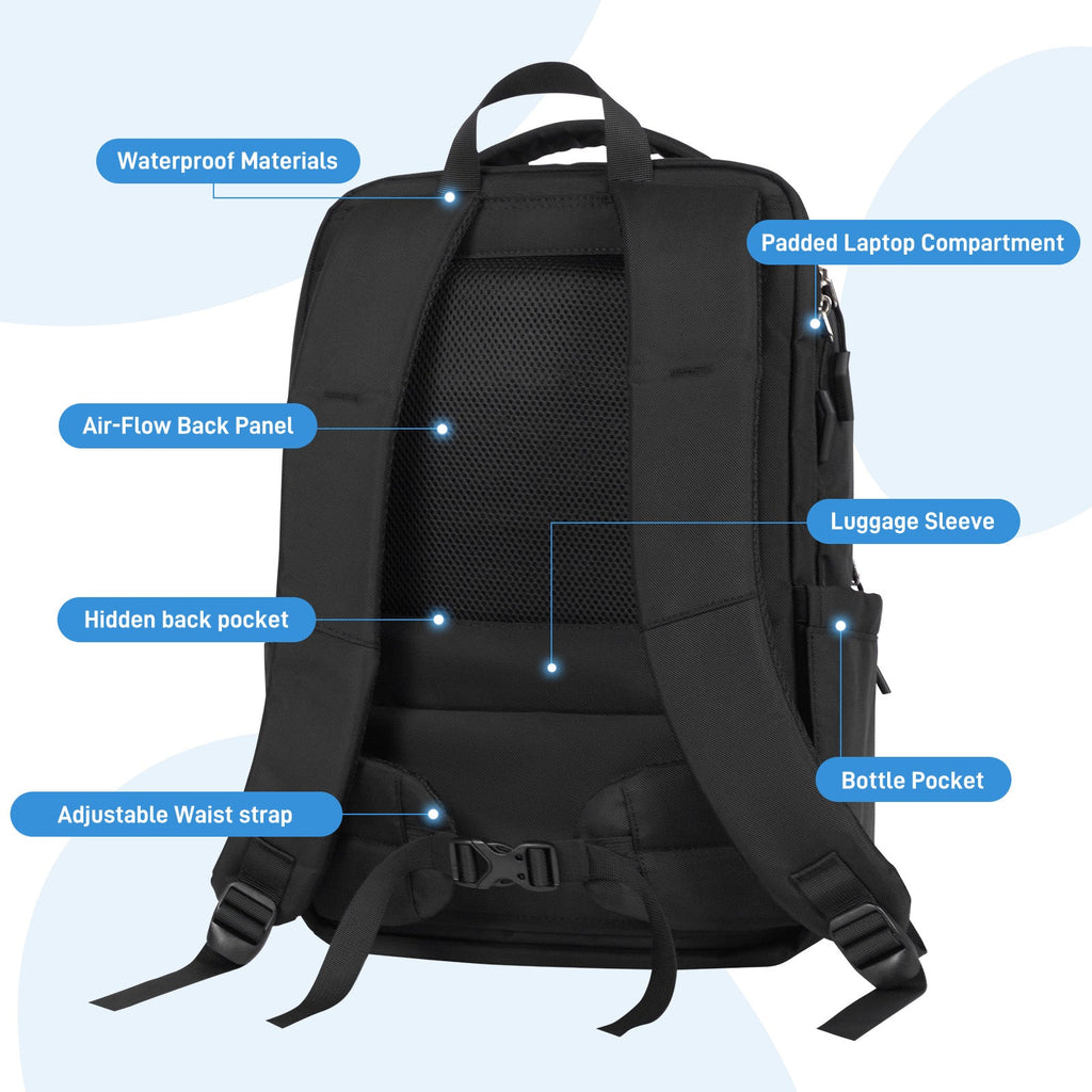 Go-Be Black Backpack  features waterproof materials, padded laptop compartment, mesh air-flow back panel luggage sleeve, hidden zipper back pocket, adjustable waist strap, and bottle pocket holds cups up to 40 ounces.