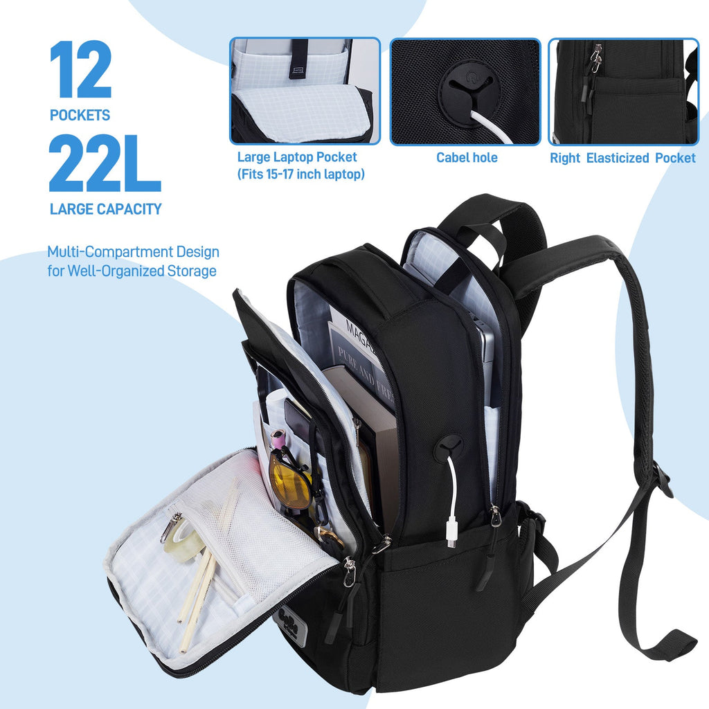 Go-Be Backpack Black with Light Grey Interior. Multi-Compartment 12 pocket design for well-organized storage. Large capacity 22L Ergonomic laptop backpack with padded straps and breathable mesh. Built-in cable hole for easy phone charging or headphone access. 