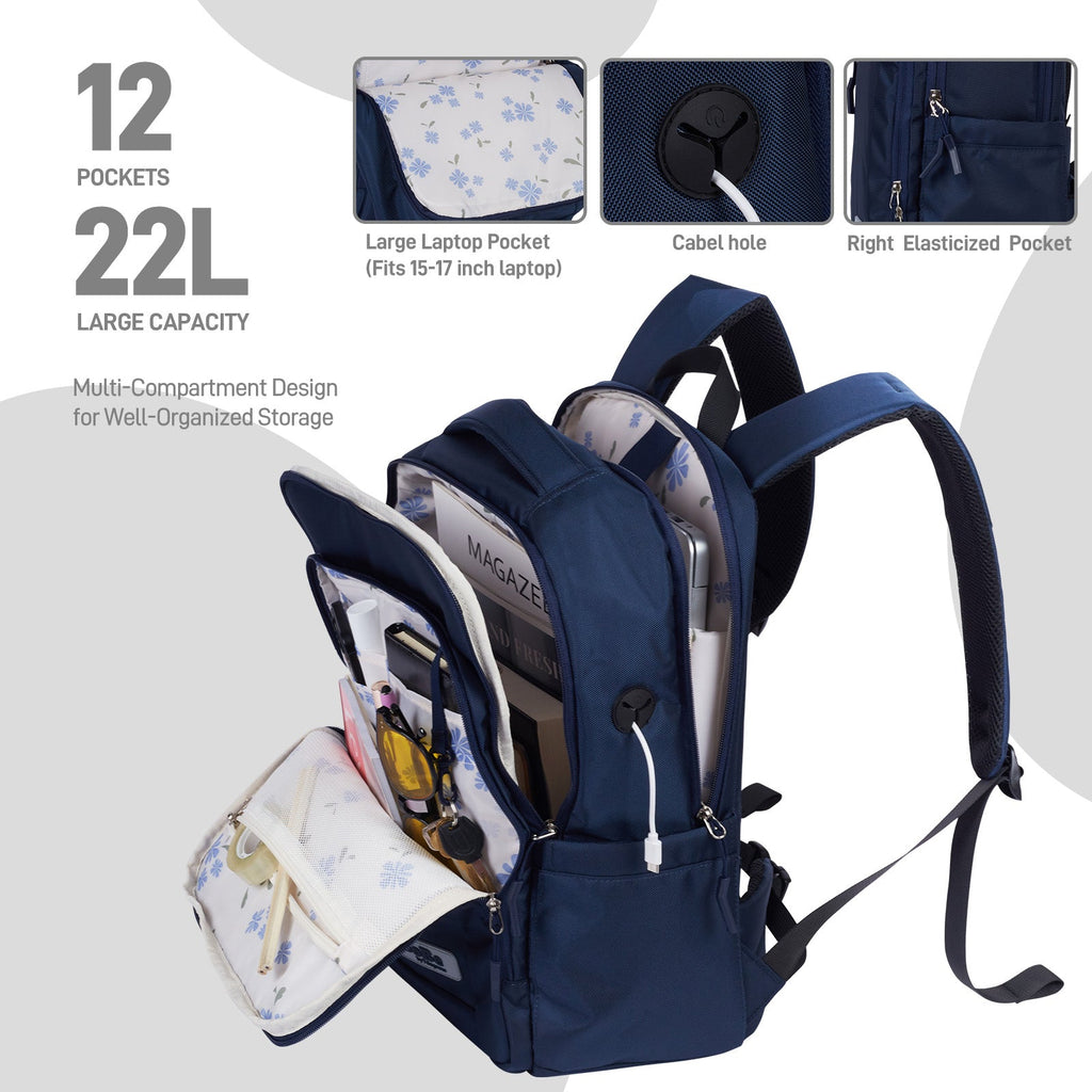 Go-Be Backpack Navy with pretty blue Floral Interior. Multi-Compartment 12 pocket design for well-organized storage. Large capacity 22L Ergonomic laptop backpack with padded straps and breathable mesh. Built-in cable hole for easy phone charging or headphone access.