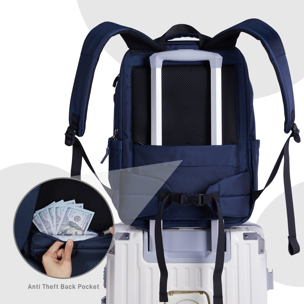 Go-Be Backpack Navy - Ergonomic backpack with wide shoulder straps for extra comfort. Versatile backpack with hidden zipper pocket for travel, school, or work. Hidden travel caddie sleeve slides over suitcase handles for convenience. Roll both backpack and luggage together.