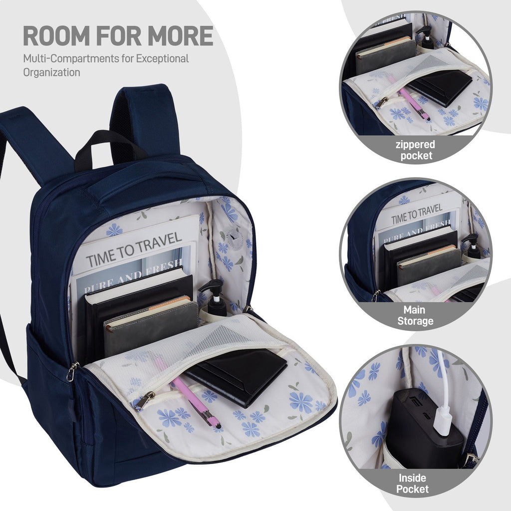 Go-Be Backpack Navy with Floral Interior - Durable everyday backpack with multiple compartments for organization. Mesh pocket in front interior, ample storage in center, inside expandable pockets.