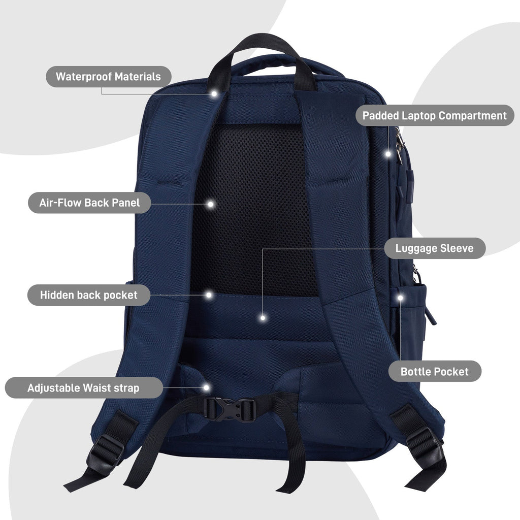 Go-Be Backpack Navy with light Interior features waterproof materials, padded laptop compartment, mesh air-flow back panel luggage sleeve, hidden zipper back pocket, adjustable waist strap, and bottle pocket holds cups up to 40 ounces.