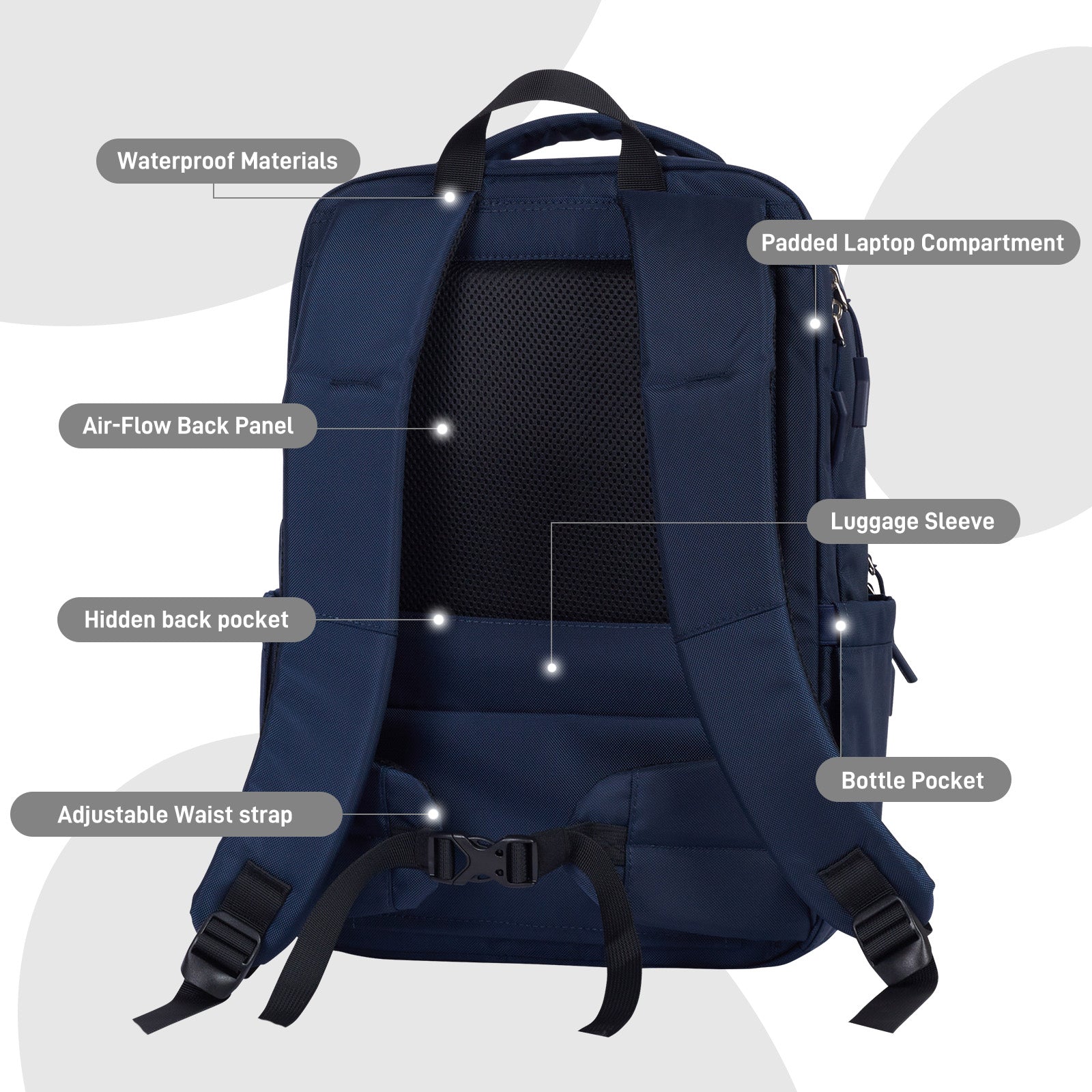 backpack with padded laptop pocket GoBe Backpack | Grey & Navy Blue Backpack Women’s | 12 Pocket, Functional Travel Pack / Laptop Bag