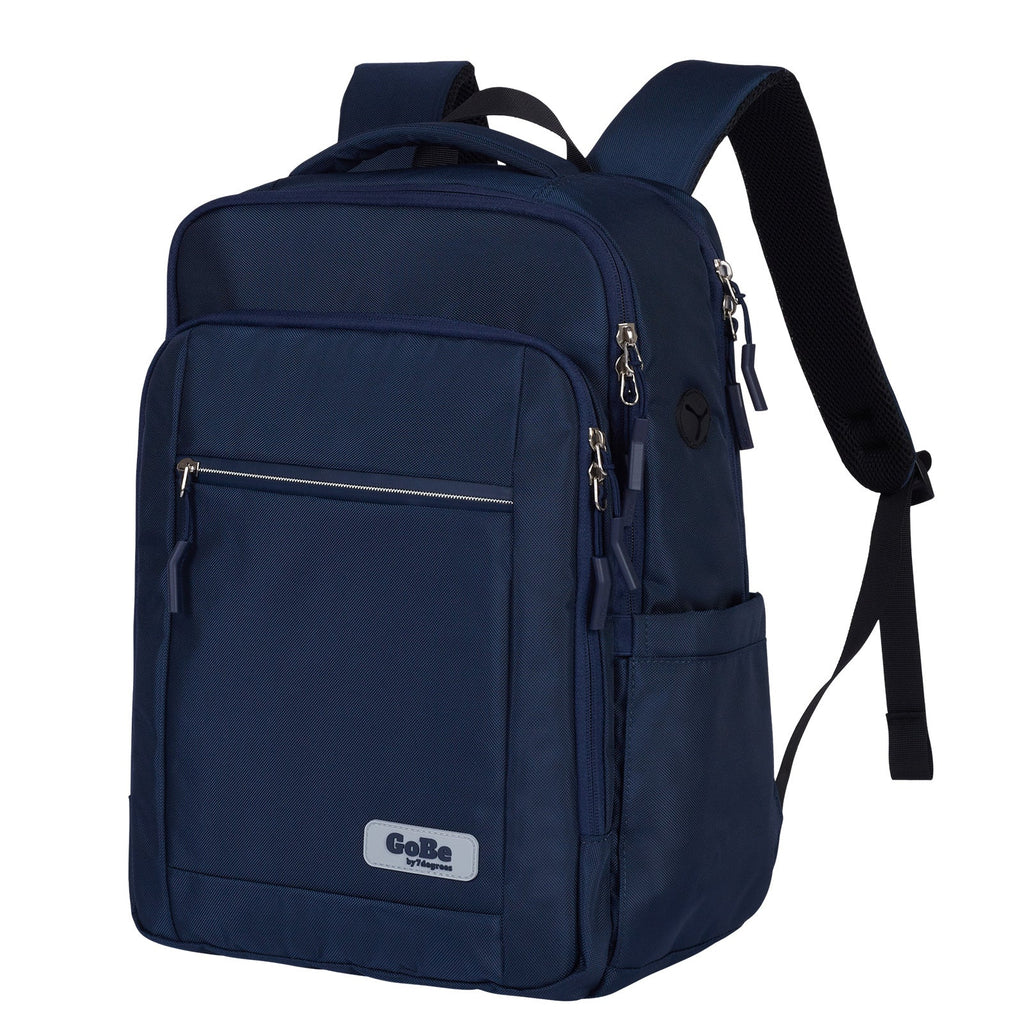 Go-Be Backpack Navy with light Interior -  Sleek yet durable bag with expandable side pockets for water bottles up to 40oz. Ergonomic washable stylish laptop travel backpack with wide shoulder straps for extra comfort for women.
