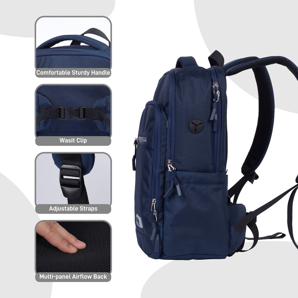 Go-Be Backpack Navy with light Interior - Ergonomic laptop backpack with padded straps, sturdy handles and breathable mesh. Adjustable hip belt distributes weight off shoulders for better support.