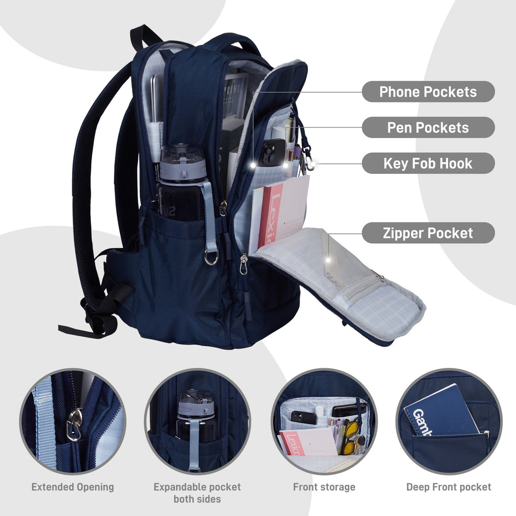 Gobe Backpack Navy with Grey  Interior - Deep front accessory pocket with multiple compartments for easy organization. Featured compartments: phone pockets, pen pockets, key fob hook, zipper mesh pocket, separate laptop padded pocket, extended opening, expanded pockets on both sides, front storage pocket for easy access.