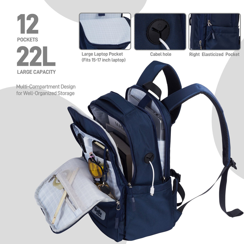 Gobe Backpack Navy with Grey Interior -  Multi-Compartment 12 pocket design for well-organized storage. Large capacity 22L Ergonomic laptop backpack with padded straps and breathable mesh. Built-in cable hole for easy phone charging or headphone access.