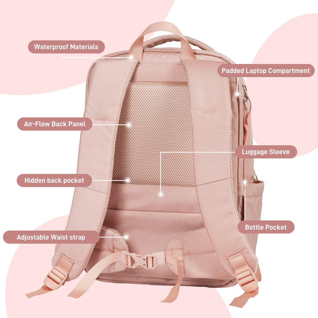 Go-Be Backpack Pink with Floral Interior features waterproof materials, padded laptop compartment, mesh air-flow back panel luggage sleeve, hidden zipper back pocket, adjustable waist strap, and bottle pocket holds cups up to 40 ounces.