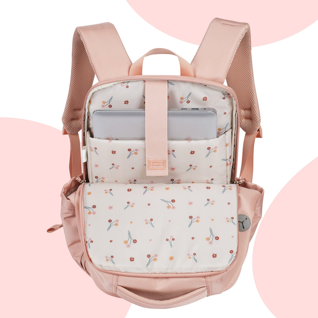 Gobe Backpack Pink with Floral lining. Light-colored backpack lining makes it easy to find items inside. Spacious backpack with padded laptop sleeve for 15-17 inch laptops. Ergonomic laptop backpack with padded straps and breathable mesh for women or men. Sturdy zippers go down half way for easy access to contents.
