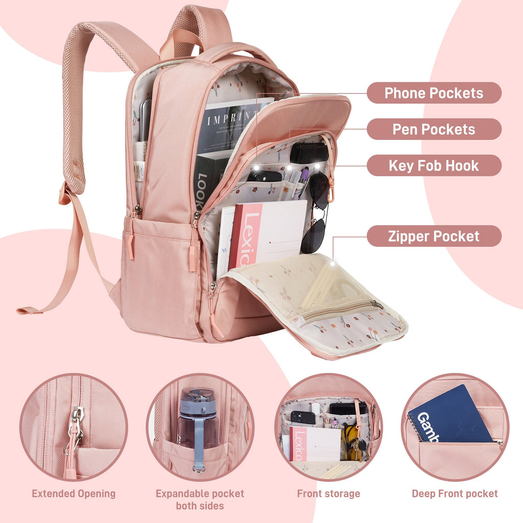 Go-Be Backpack Pink with dainty Floral Interior - Deep front accessory pocket with multiple compartments for easy organization. Featured compartments: phone pockets, pen pockets, key fob hook, zipper mesh pocket, separate laptop padded pocket, extended opening, expanded pockets on both sides, front storage pocket for easy access.