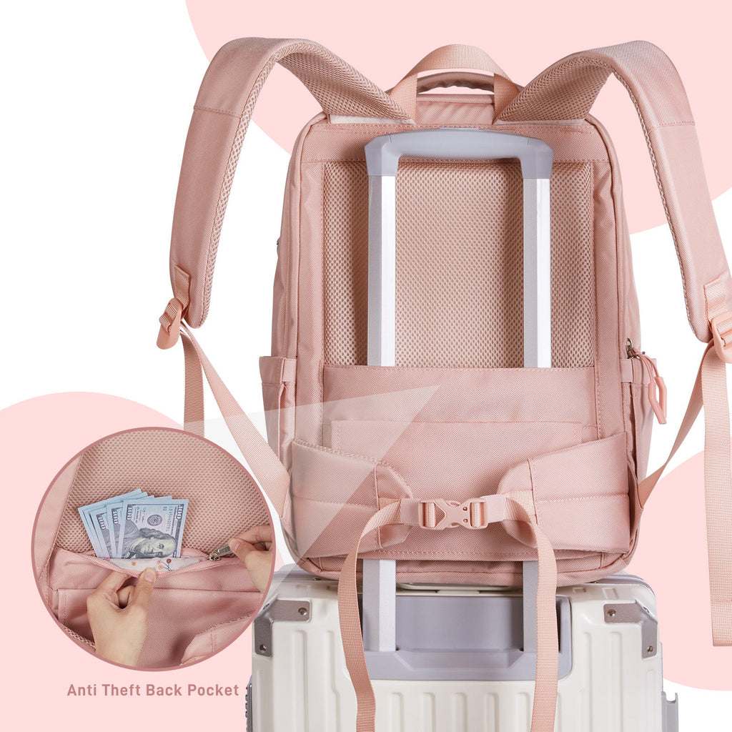Gobe Backpack Pink with Floral Interior - Ergonomic backpack with wide shoulder straps for extra comfort. Versatile backpack with hidden zipper pocket for travel, school, or work. Hidden travel caddie sleeve slides over suitcase handles for convenience. Roll both backpack and luggage together.