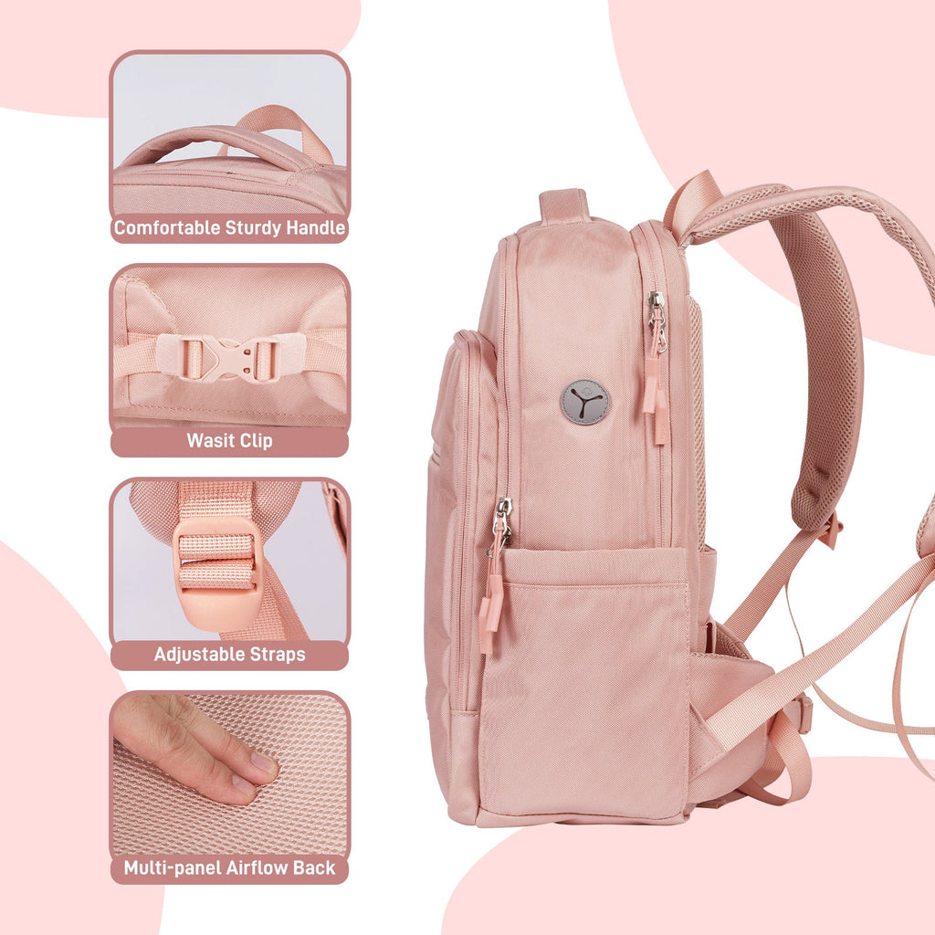 Go-Be Backpack Pink with Floral Interior - Ergonomic laptop backpack with padded straps, sturdy handles and breathable mesh. Adjustable hip belt distributes weight off shoulders for better support.