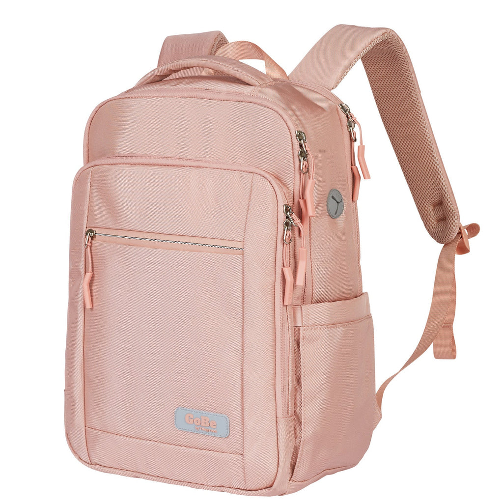 Go-Be Backpack Pink with Floral Interior - Sleek yet durable bag with expandable side pockets for water bottles up to 40oz. Ergonomic washable stylish laptop travel backpack with wide shoulder straps for extra comfort for women.