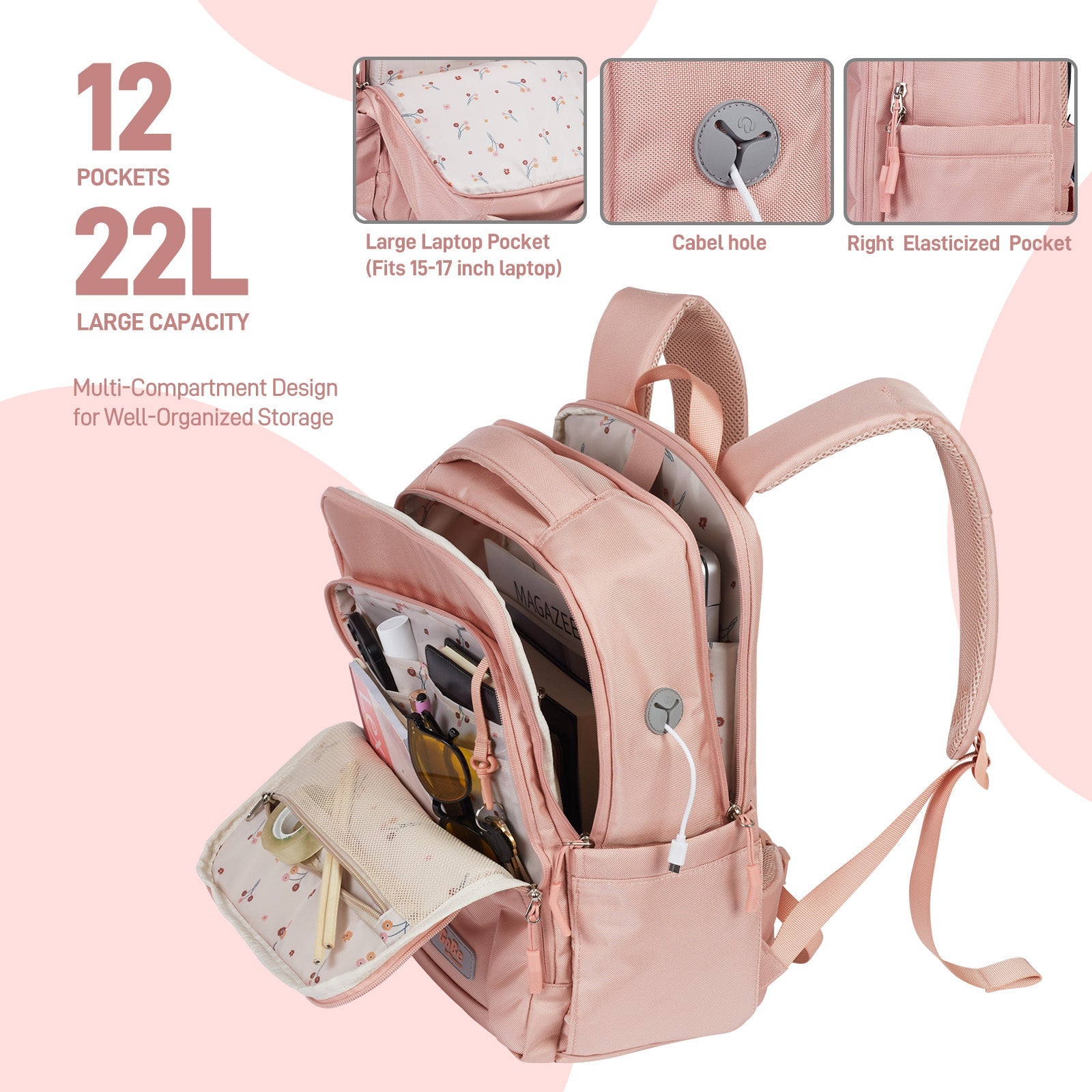 GoBe Backpack | Pink Laptop Backpack for Women | Floral Lining | Functional  12 Pocket Travel Daypack