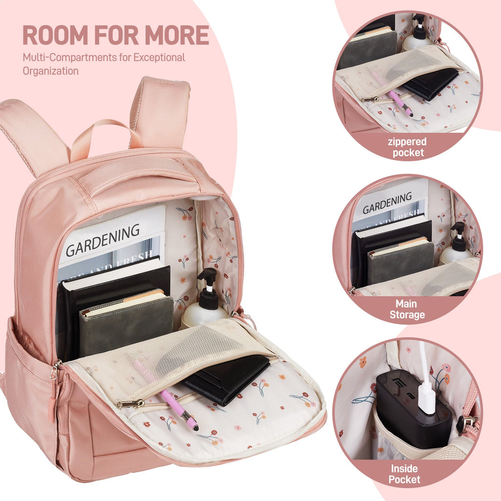 Go-Be Backpack Pink with Floral Interior - Durable everyday backpack with multiple compartments for organization. Mesh pocket in front interior, ample storage in center, inside expandable pockets.