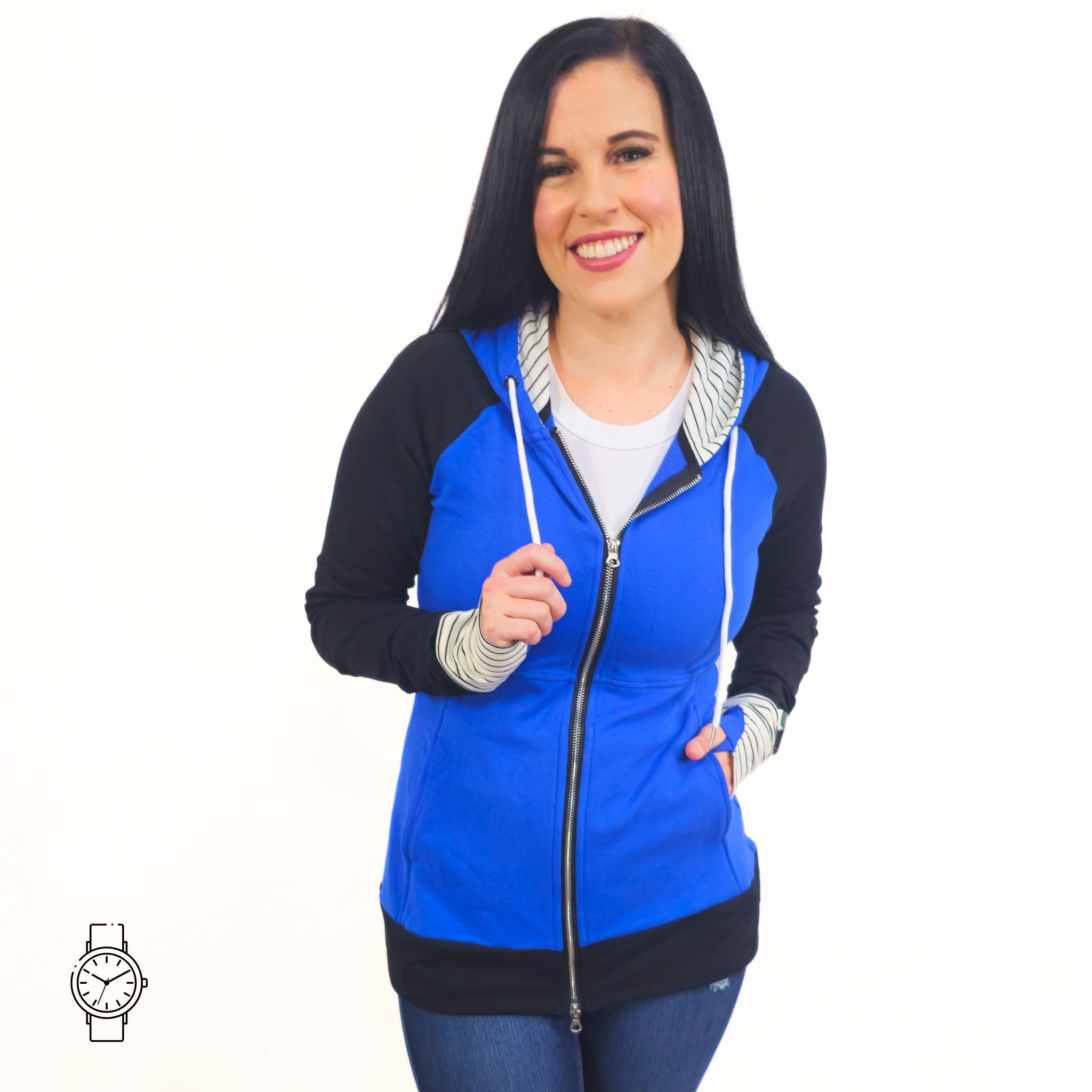 Jaycee Full Zip | Women's Blue Hoodie with Striped Sleeves