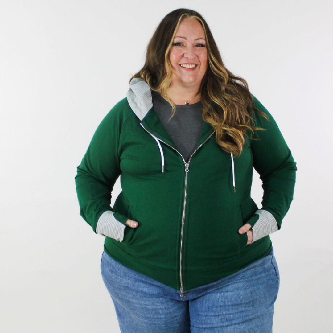 Jennifer Zip Up | Women's Green Full Zip Hoodie with Grey