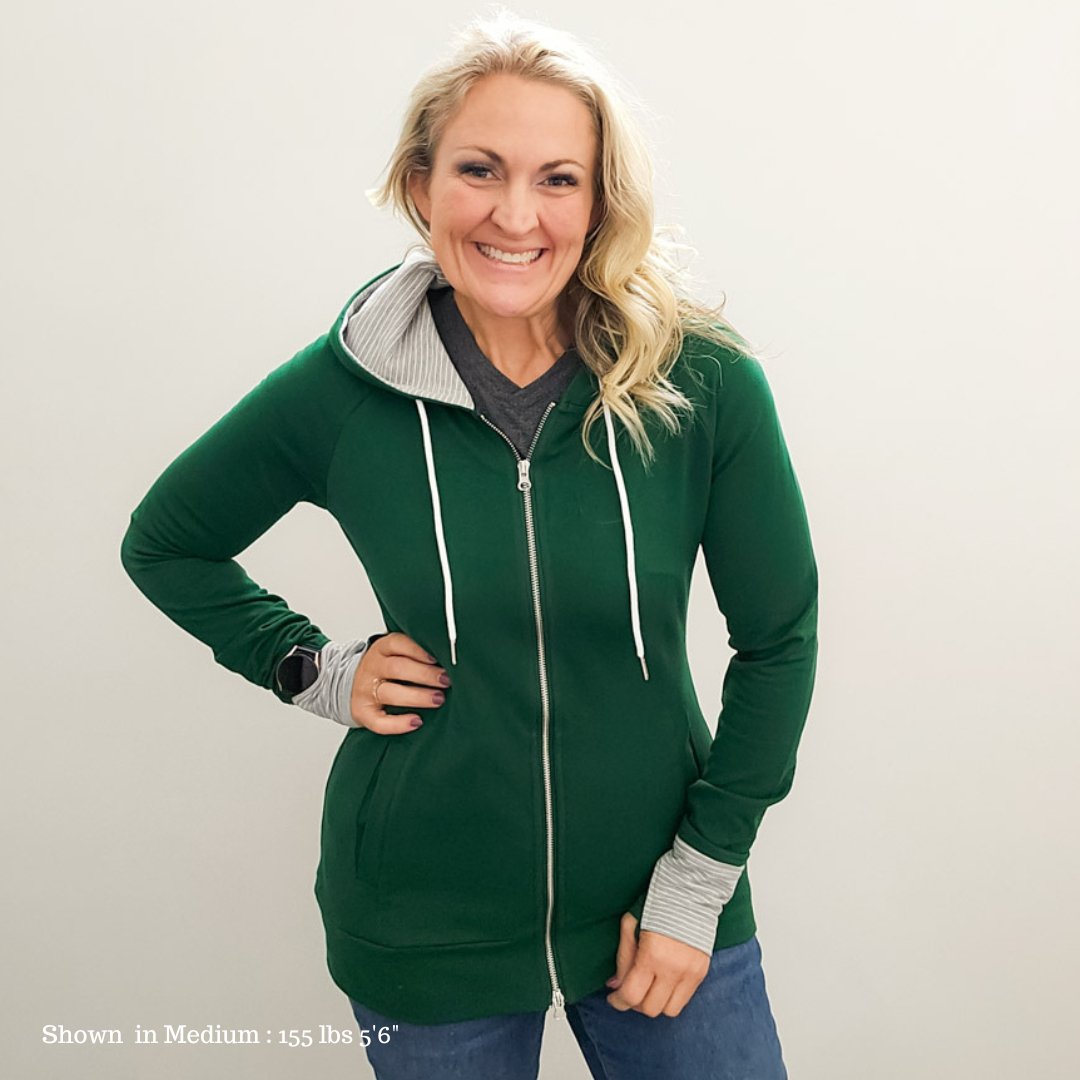 Jennifer Zip Up | Women's Green Full Zip Hoodie with Grey