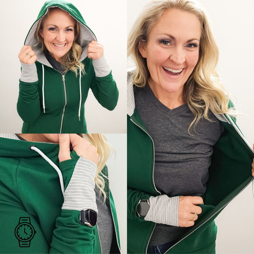 Jennifer Zip Up | Women's Green Full Zip Hoodie with Grey